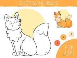 Color by numbers coloring page for kids with fox. Coloring book with cute cartoon fox with an example for coloring. Monochrome and color versions. Vector illustration.