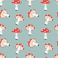 Vector seamless pattern with red fly agarics on a blue background. Amanita pattern, poisonous mushrooms freehand drawin