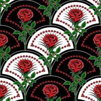 Seamless pattern with diagonal shell shaped grid, red roses with stem, strings of red beads. Classic high contrast vintage background. Vector