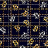 Chains tartan seamless pattern with metal chains and shiny bitcoin symbols on a dark blue background. Vector illustration