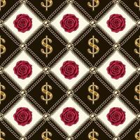 Staggered luxury vintage pattern with shiny gold dollar sign, chains, beads, crimson roses. Vector seamless background.