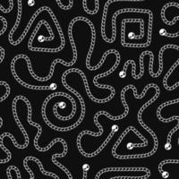 Seamless pattern with various abstract shapes of metal chains and beads on a black background. White on black vector illustration for print, fabric, textile.