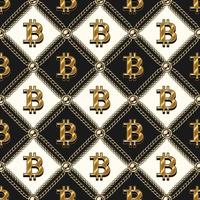 Staggered luxury vintage black and white pattern with shiny gold bitcoin sign, gold chains, beads. Classic vector seamless background.