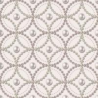 Seamless geometric chain pattern with strings of white pearls, intricate overlapping circles on white background. vector