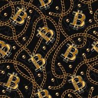 Seamless pattern with shiny gold bitcoin sign, metal classic chains, beads on a black background. Concept of wealth and luxury. Bright vector illustration.