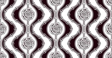 Seamless vintage damask pattern with linear contour roses in engraving style, chains, beads. Fashion illustration. Classic background. Vector