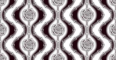 Seamless vintage damask pattern with linear contour roses in engraving style, chains, beads. Fashion illustration. Classic background. Vector