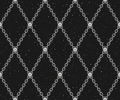 Vintage geometric pattern with steel chains and rivets. White rhombus grid on a black background. vector
