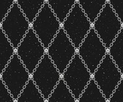 Vintage geometric pattern with steel chains and rivets. White rhombus grid on a black background. vector