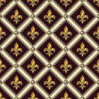 Checkered vintage black and white pattern with gold heraldic lily flowers, gold chains, buttons. Classic square grid. Vector fleur de lis seamless background