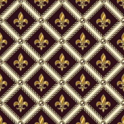 Checkered vintage black and white pattern with gold heraldic lily flowers, gold chains, buttons. Classic square grid. Vector fleur de lis seamless background