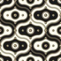 Seamless vintage damask pattern with gold chains, beads, circles. Diagonal composition. Classic background. Vector illustration
