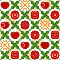 Tomato background with design elements in simple geometric style. Seamless staggered pattern. Good for branding, decoration of food package, cover design, decorative print. Vector