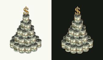 Money tower, pyramid like cake made of money rolls of 100 US dollar bills. Gold shiny dollar sign on top. Concept of success and wealth vector