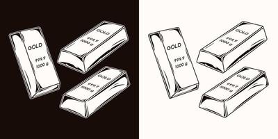 Set of gold bars, ingots, bullions from different angles. Isolated vector black and white illustration