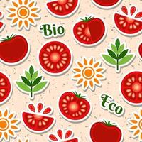 Tomato seamless pattern with design elements in simple geometric style. Stickers of tomato slices, sun. Good for branding, decoration of food package, cover design, decorative print, background vector