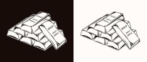 Stack of bars of gold, 1000 g. Black and white vintage vector illustration.