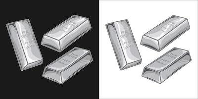 Set of fine silver bars, ingots, bullions from different angles. Isolated vector illustration on black and white background.