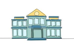 Single continuous line drawing of second story elementary school building. Back to school minimalist style. Education concept. Modern one line draw graphic design vector illustration