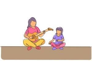 dibujo de una sola línea continua de una joven madre tocando la guitarra y cantando feliz junto con su hija en casa. concepto de paternidad familiar feliz. Ilustración de vector de diseño de dibujo de una línea de moda