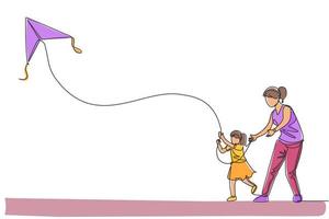 One continuous line drawing of young mother and her daughter playing to fly kite up into the sky at outdoor field. Happy family parenthood concept. Dynamic single line draw design vector illustration