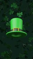 3d render Animation of falling green shamrock leafs and Green Hat for St. Patrick's Day. High quality vertical video