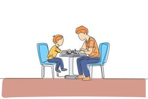 One continuous line drawing young dad and his son siting on chair and playing chess game together at home. Happy family parenthood concept. Dynamic single line draw design vector illustration graphic