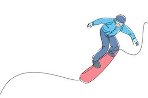 One continuous line drawing of young sporty man snowboarder riding snowboard and jump at alps snowy powder mountain. Winter lifestyle sport concept. Dynamic single line draw design vector illustration