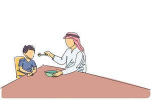 Single continuous line drawing of young Islamic father feeding food to his son at dining table at home. Arabian muslim happy family fatherhood concept. Trendy one line draw design vector illustration