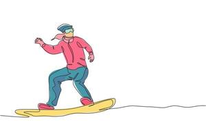 One single line drawing of young energetic snowboarder woman ride fast snowboard at snowy mountain vector illustration. Tourist vacation lifestyle sport concept. Modern continuous line draw design