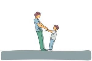 One continuous line drawing of young father and his son holding hands and dancing together at home, family life. Happy parenting concept. Dynamic single line draw design vector illustration graphic