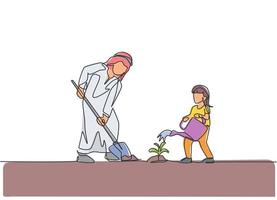 One continuous line drawing of young Islamic daughter help her father plant a seed at house backyard. Happy Arabian muslim parenting family concept. Dynamic single line draw design vector illustration