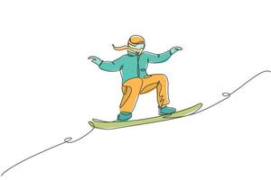 One single line drawing of young energetic snowboarder woman ride fast snowboard at snowy mountain vector illustration. Tourist vacation lifestyle sport concept. Modern continuous line draw design