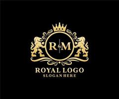 Initial RM Letter Lion Royal Luxury Logo template in vector art for Restaurant, Royalty, Boutique, Cafe, Hotel, Heraldic, Jewelry, Fashion and other vector illustration.