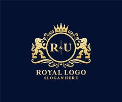 Initial RU Letter Lion Royal Luxury Logo template in vector art for Restaurant, Royalty, Boutique, Cafe, Hotel, Heraldic, Jewelry, Fashion and other vector illustration.