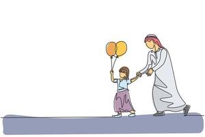 un solo dibujo de línea del joven padre islámico que sostiene la mano de su hija que sostiene el globo en la ilustración del vector del parque. feliz concepto de crianza de los hijos de la familia musulmana árabe. diseño moderno de dibujo de línea continua