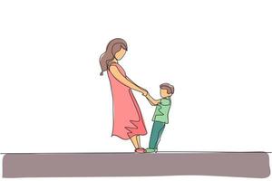 una sola línea de dibujo joven madre feliz y su hijo tomados de la mano y bailando juntos ilustración vectorial gráfica. educación para padres. concepto de paternidad familiar. diseño moderno de dibujo de línea continua vector