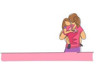 Single continuous line drawing of young mom hugging her sleepy daughter who hold rabbit doll go to the room. Happy family parenting concept. Trendy one line draw design graphic vector illustration