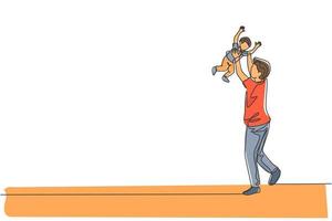 Single continuous line drawing of young dad playing raise his daughter up into the sky at home. Happy family parenting concept. Trendy one line draw design vector graphic illustration