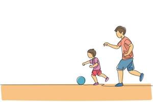 un solo dibujo de línea joven papá corriendo y jugando al fútbol con su hijo en la ilustración gráfica de vector de parque de campo público. concepto de crianza de los hijos de familia feliz. diseño moderno de dibujo de línea continua