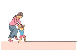 dibujo de una sola línea continua de una joven madre enseñando a su hijo a aprender a caminar con plomo en casa. concepto de crianza de los hijos de familia feliz. Ilustración de vector gráfico de diseño de dibujo de una línea de moda