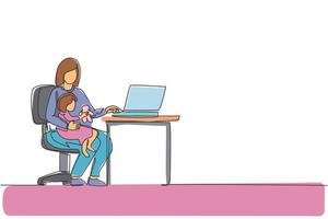 Single continuous line drawing of young mother siting on chair and holding her daughter while typing on laptop, work from home. Happy family parenting concept. One line draw design vector illustration