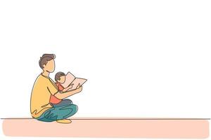 One single line drawing of young father siting on floor and reading story book to his son at home vector illustration graphic. Happy family parenting concept. Modern continuous line draw design