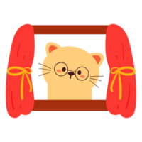 cute cartoon cat wearing glasses inside the window with pink curtain png