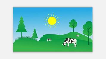 Green landscape. Freehand drawn cartoon outdoors style.beef milk cow in farm in wild nature with mountain, fields, trees. wild nature with mountain landscape view vector illustration.