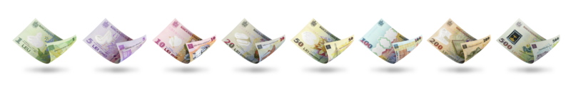 Set of Romanian leu notes in different denominations. 3d illustration png