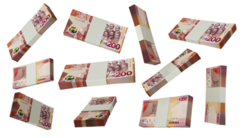 3D rendering of stacks of 200 Ghanaian cedi notes flying in different angles and orientations png