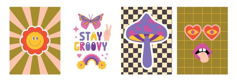 Set of Retro 70s Groovy Hippie posters. Retro vibes. Stay groovy. Groovy daisy flowers, rainbows, mushrooms, hippie bus, butterfly, sunglasses. Wall art prints.
