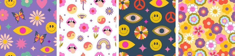 Retro 70s psychedelic backgrounds. Set of groovy hippie seamless patterns, Y2k, retro vibes, trippy. Vector illustration.