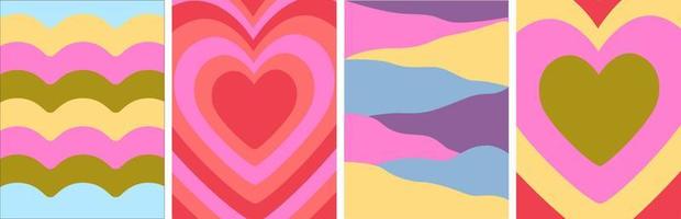 Set of 70s retro backgrounds. Poster template. Hypnotic hearts shaped tunnel, waves, swirls. Y2k. Groovy hippie vibes. Wall art. vector